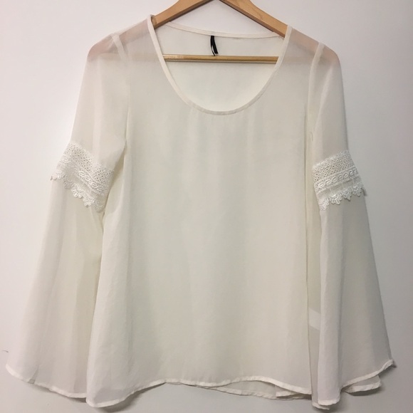 NWOT Sheer Ivory Bell-Flare Crochet Sleeve Top - Picture 1 of 6